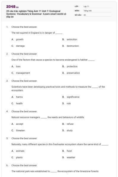 20 câu trắc nghiệm Tiếng Anh 11 Unit 7: Ecological Systems- Vocabulary & Grammar- iLearn smart world có đáp án