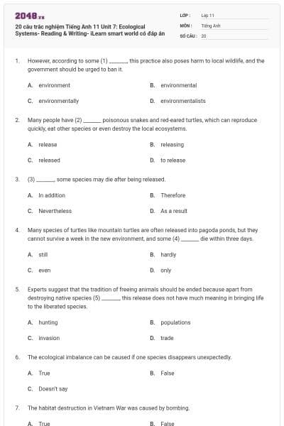 20 câu trắc nghiệm Tiếng Anh 11 Unit 7: Ecological Systems- Reading & Writing- iLearn smart world có đáp án