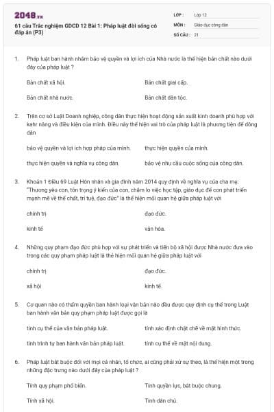 61 câu Trắc nghiệm GDCD 12 Bài 1: Pháp luật đời sống có đáp án (P3)