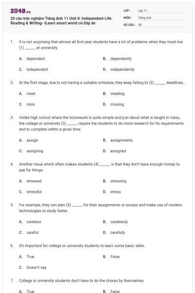 20 câu trắc nghiệm Tiếng Anh 11 Unit 8: Independent Life- Reading & Writing- iLearn smart world có đáp án
