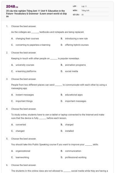 20 câu trắc nghiệm Tiếng Anh 11 Unit 9: Education in the Future- Vocabulary & Grammar- iLearn smart world có đáp án
