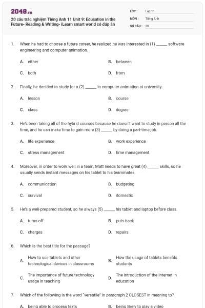 20 câu trắc nghiệm Tiếng Anh 11 Unit 9: Education in the Future- Reading & Writing- iLearn smart world có đáp án