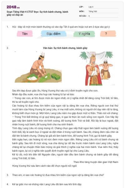 Soạn Tiếng Việt 4 CTST Đọc: Sự tích bánh chưng, bánh giầy có đáp án