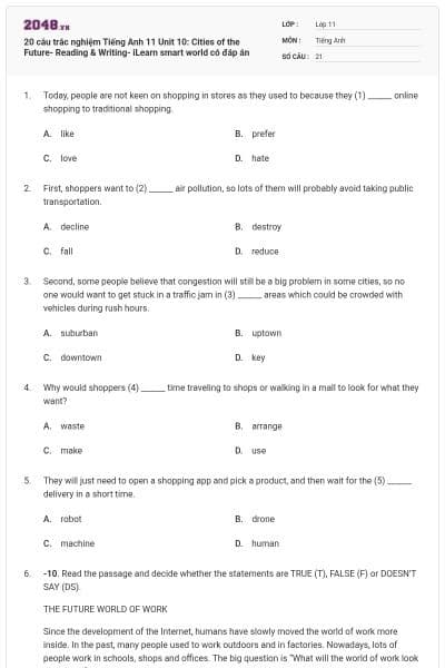 20 câu trắc nghiệm Tiếng Anh 11 Unit 10: Cities of the Future- Reading & Writing- iLearn smart world có đáp án