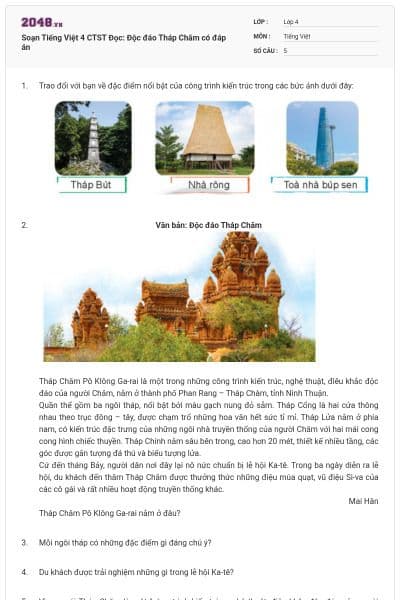 Soạn Tiếng Việt 4 CTST Đọc: Độc đáo Tháp Chăm có đáp án