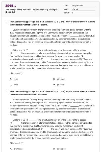 30 đề luyện thi Đại Học môn Tiếng Anh cực hay có lời giải (Đề số 29)