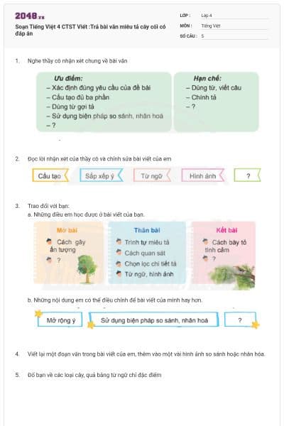 Soạn Tiếng Việt 4 CTST Viết :Trả bài văn miêu tả cây cối có đáp án