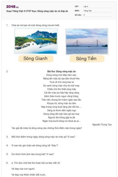 Soạn Tiếng Việt 4 CTST Đọc: Dòng sông mặc áo có đáp án