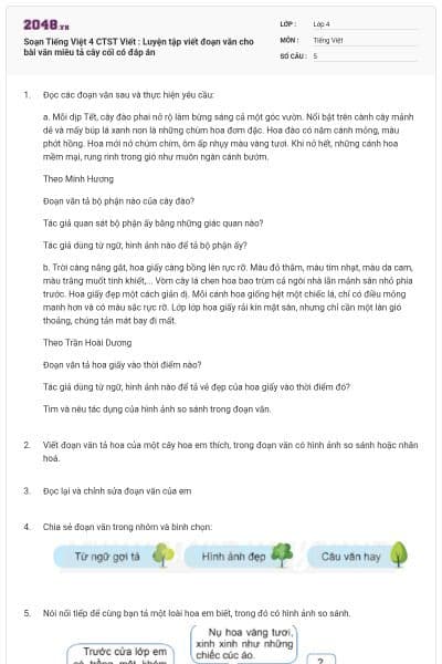 Soạn Tiếng Việt 4 CTST Viết : Luyện tập viết đoạn văn cho bài văn miêu tả cây cối có đáp án