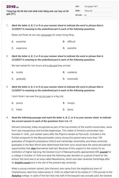 Tổng hợp đề thi thử mới nhất môn tiếng anh cực hay có lời giải (P7)