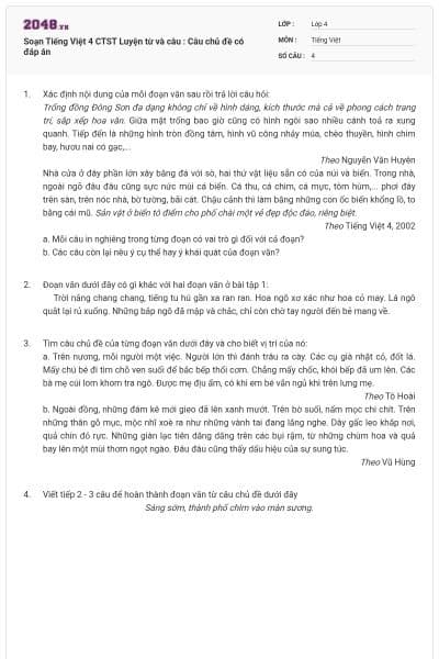 Soạn Tiếng Việt 4 CTST Luyện từ và câu : Câu chủ đề có đáp án