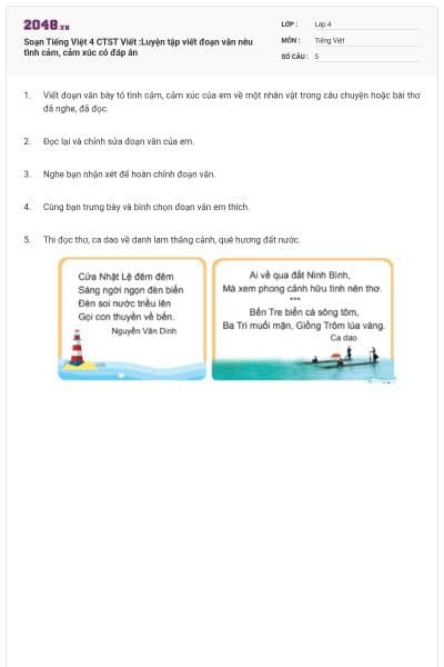 Soạn Tiếng Việt 4 CTST Viết :Luyện tập viết đoạn văn nêu tình cảm, cảm xúc có đáp án