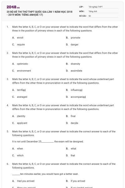 20 BỘ ĐỀ THI THỬ THPT QUỐC GIA LẦN 1 NĂM HỌC 2018 - 2019 MÔN: TIẾNG ANH(ĐỀ 17)
