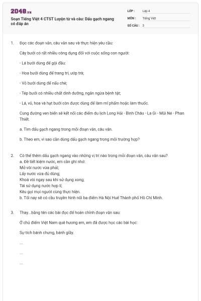 Soạn Tiếng Việt 4 CTST Luyện từ và câu: Dấu gạch ngang có đáp án