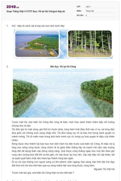 Soạn Tiếng Việt 4 CTST Đọc: Về lại Gò Côngcó đáp án