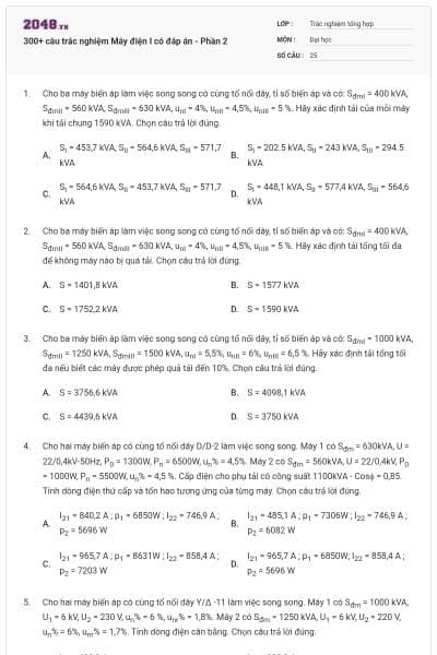 300+ câu trắc nghiệm Máy điện I có đáp án - Phần 2