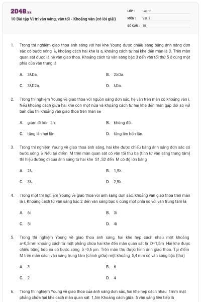 10 Bài tập Vị trí vân sáng, vân tối - Khoảng vân (có lời giải)