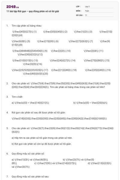 11 bài tập Rút gọn – quy đồng phân số có lời giải