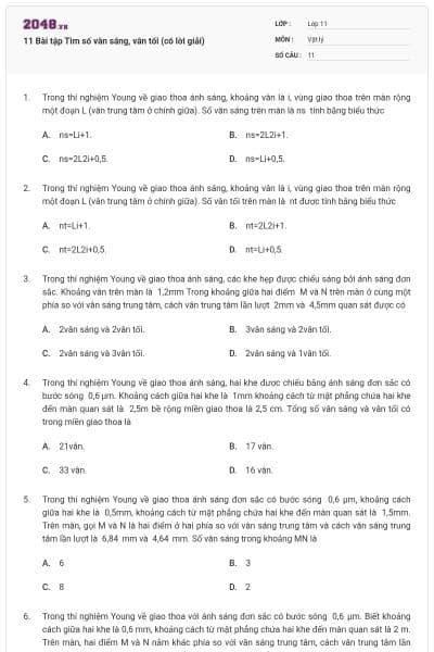 11 Bài tập Tìm số vân sáng, vân tối (có lời giải)