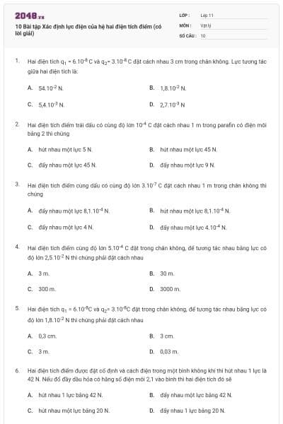 10 Bài tập Xác định lực điện của hệ hai điện tích điểm (có lời giải)