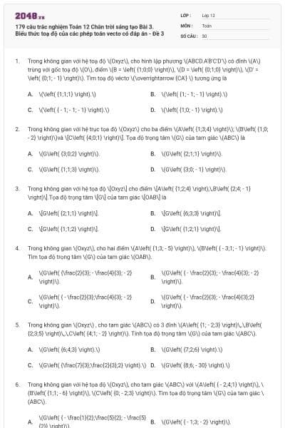 179 câu trắc nghiệm Toán 12 Chân trời sáng tạo Bài 3. Biểu thức toạ độ của các phép toán vectơ có đáp án - Đề 3