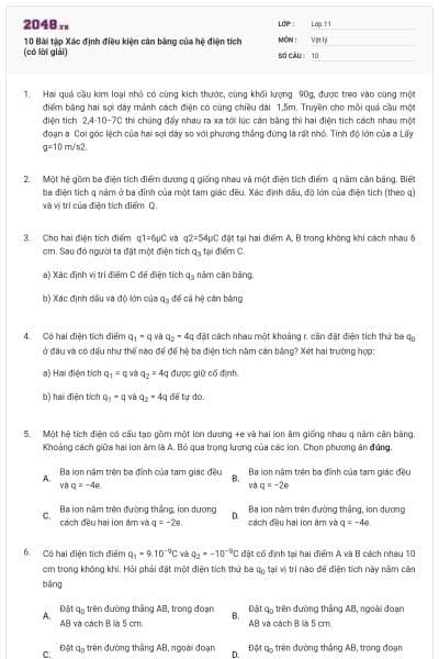 10 Bài tập Xác định điều kiện cân bằng của hệ điện tích (có lời giải)
