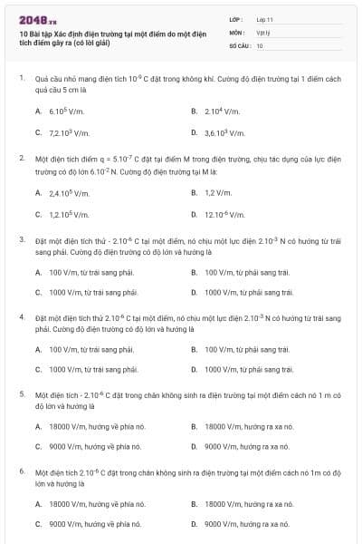 10 Bài tập Xác định điện trường tại một điểm do một điện tích điểm gây ra (có lời giải)