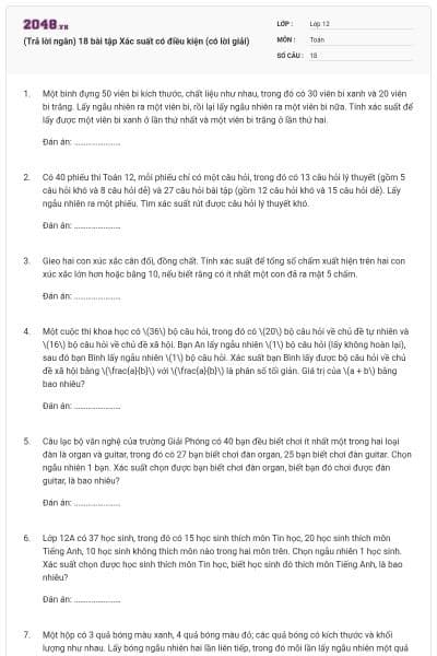 (Trả lời ngắn) 18 bài tập Xác suất có điều kiện (có lời giải)