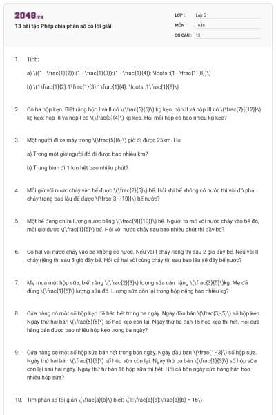 13 bài tập Phép chia phân số có lời giải