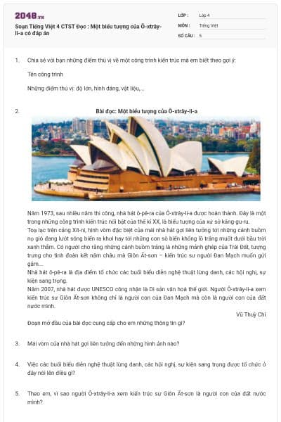 Soạn Tiếng Việt 4 CTST Đọc : Một biểu tượng của Ô-xtrây-li-a có đáp án