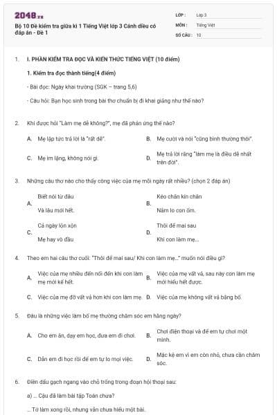 Bộ 10 Đề kiểm tra giữa kì 1 Tiếng Việt lớp 3 Cánh diều có đáp án - Đề 1