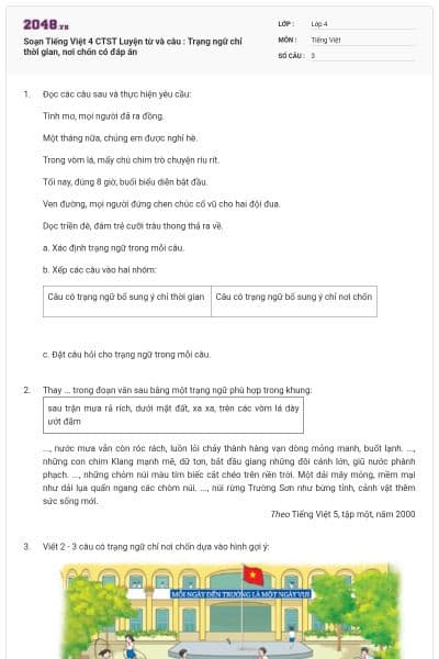 Soạn Tiếng Việt 4 CTST Luyện từ và câu : Trạng ngữ chỉ thời gian, nơi chốn có đáp án