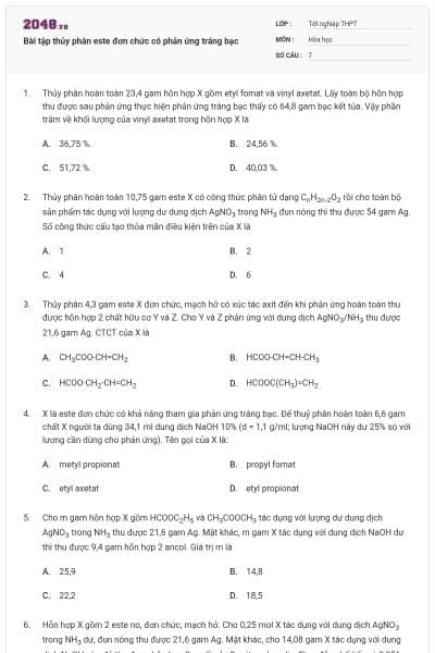 Bài tập thủy phân este đơn chức có phản ứng tráng bạc