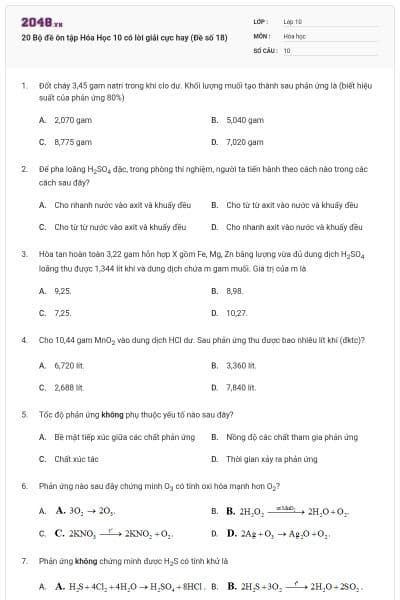 20 Bộ đề ôn tập Hóa Học 10 có lời giải cực hay (Đề số 18)