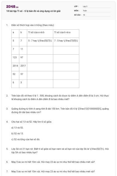 18 bài tập Tỉ số - tỉ lệ bản đồ và ứng dụng có lời giải