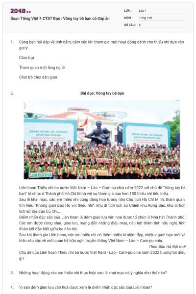 Soạn Tiếng Việt 4 CTST Đọc : Vòng tay bè bạn có đáp án
