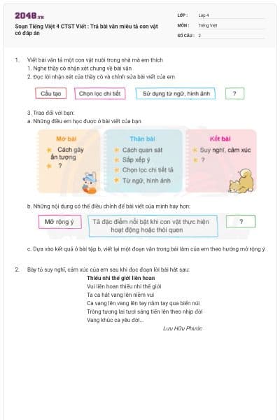 Soạn Tiếng Việt 4 CTST Viết : Trả bài văn miêu tả con vật có đáp án