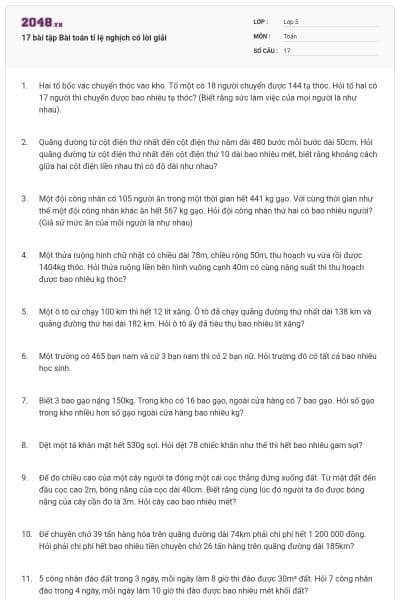 17 bài tập Bài toán tỉ lệ nghịch có lời giải