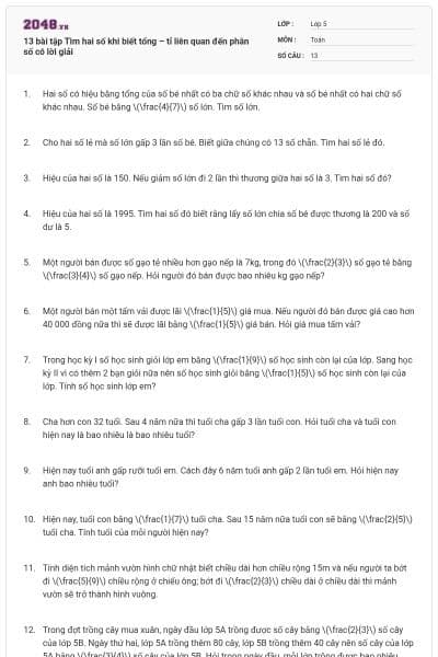 13 bài tập Tìm hai số khi biết tổng – tỉ liên quan đến phân số có lời giải