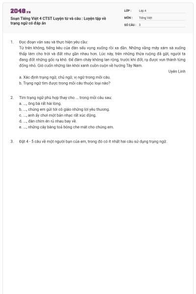 Soạn Tiếng Việt 4 CTST Luyện từ và câu : Luyện tập về trạng ngữ có đáp án