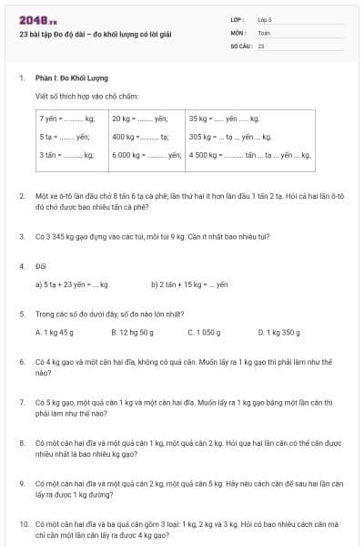 23 bài tập Đo độ dài – đo khối lượng có lời giải