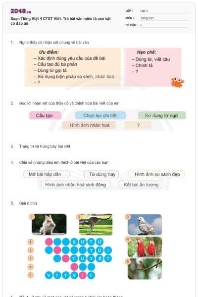 Soạn Tiếng Việt 4 CTST Viết: Trả bài văn miêu tả con vật có đáp án
