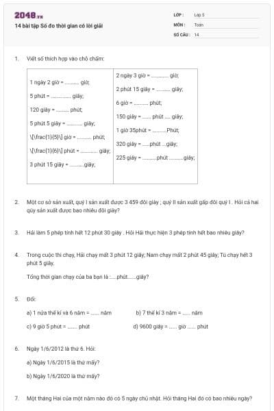 14 bài tập Số đo thời gian có lời giải