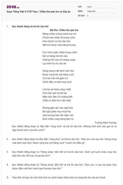Soạn Tiếng Việt 4 CTST Đọc : Chiều thu quê em có đáp án