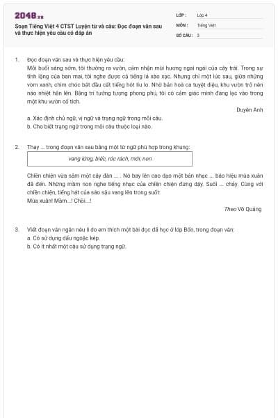 Soạn Tiếng Việt 4 CTST Luyện từ và câu: Đọc đoạn văn sau và thực hiện yêu cầu có đáp án