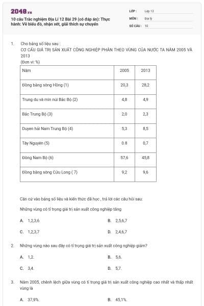 10 câu Trắc nghiệm Địa Lí 12 Bài 29 (có đáp án): Thực hành: Vẽ biểu đồ, nhận xét, giải thích sự chuyển