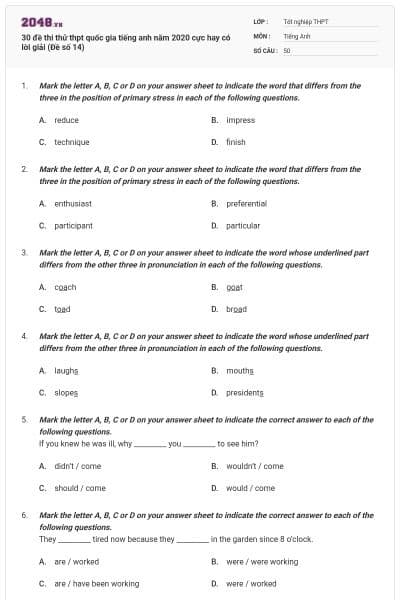 30 đề thi thử thpt quốc gia tiếng anh năm 2020 cực hay có lời giải (Đề số 14)