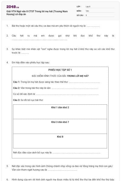 Giải VTH Ngữ văn 8 CTST Trong lời mẹ hát (Trương Nam Hương) có đáp án
