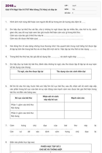 Giải VTH Ngữ Văn 8 CTST Nhớ đồng  (Tố Hữu) có đáp án