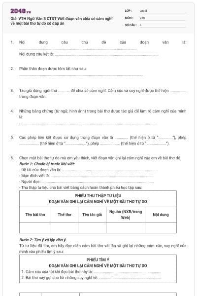 Giải VTH Ngữ Văn 8 CTST Viết đoạn văn chia sẻ cảm nghĩ về một bài thơ tự do có đáp án